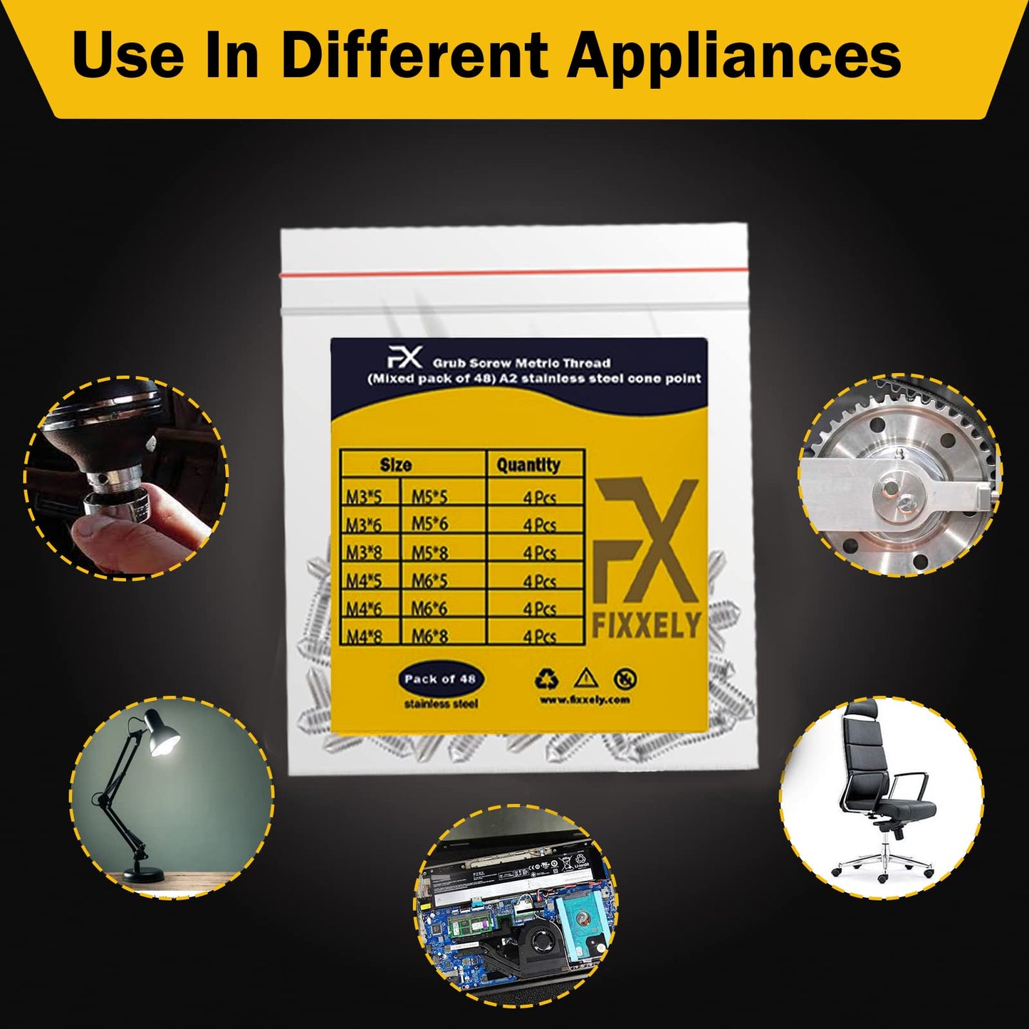 FIXXELY Cone Point Set Screws 48 Pcs (M3,M4,M5,M6) Hex Head - Metric 304 Stainless Steel Grub Screws Assorted Sizes Ideal for Home Repairs, Bathroom Fixtures and More