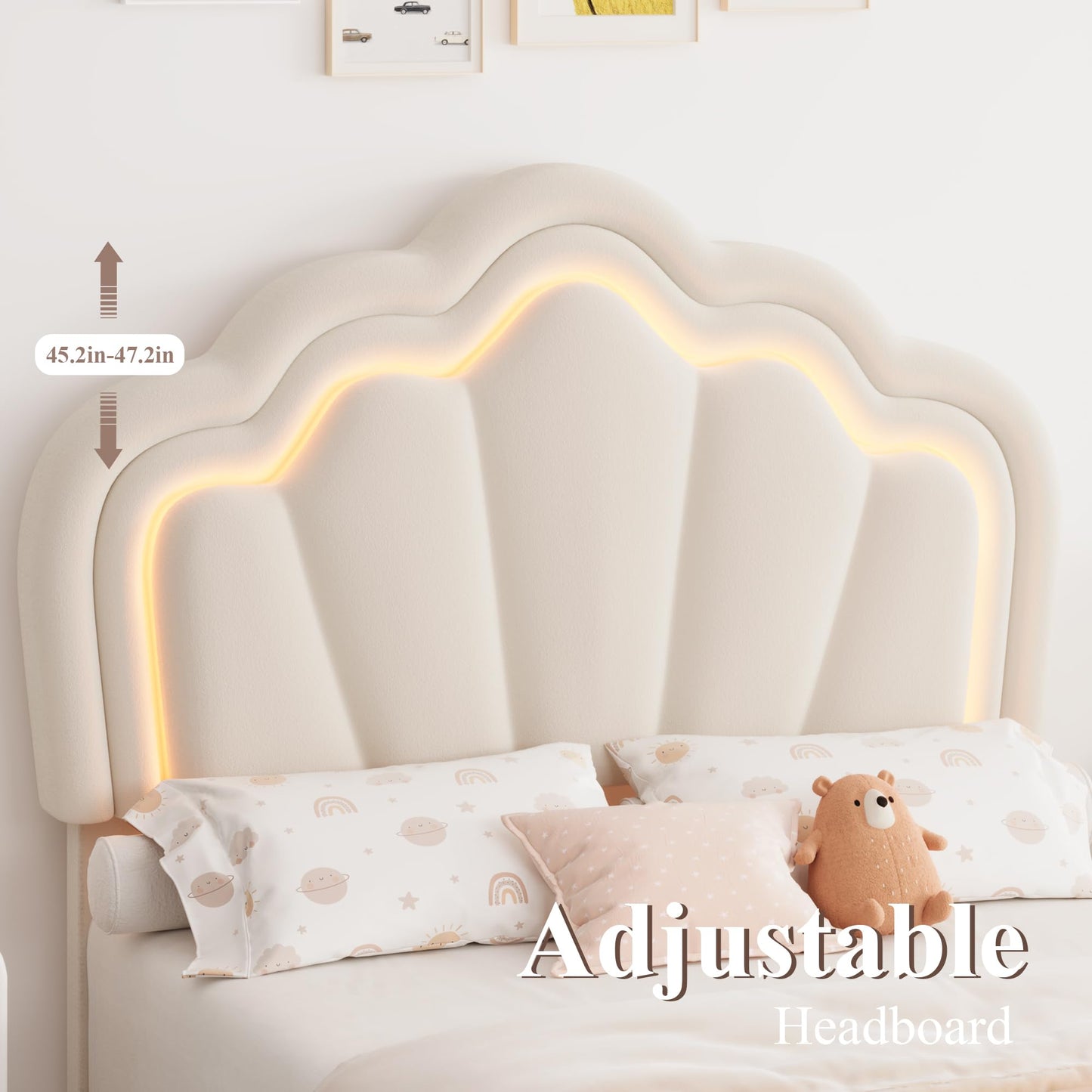 HOSTACK Twin Upholstered LED Bed Frame with Storage Drawer, Cute Girls Bed with Adjustable Lotus Headboard, Velvet Princess Platform Bed Frame, Wooden Slats Support, No Box Spring Needed, Cream