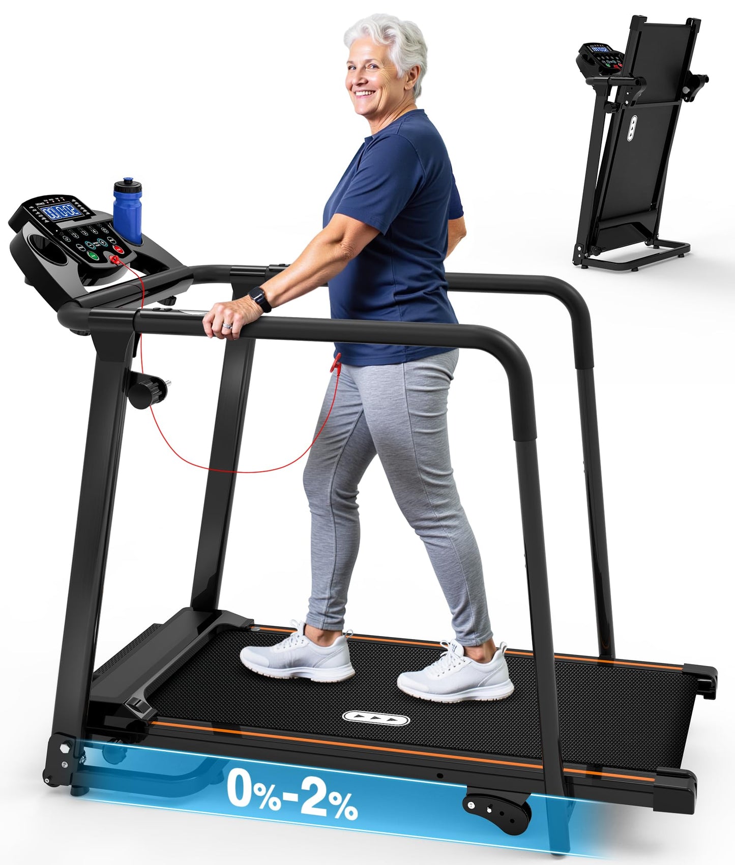 Redliro Treadmill for Seniors with Long Handrails - 300 lb Capacity, 0%-2% Incline, Foldable Compact Rehab Walker with Screen-Off & Mute Buttons, Wheels, Cup/Phone Holder for Home Apartment Exercise