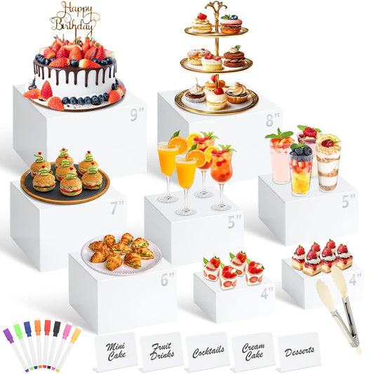8 Pcs White Buffet Risers with Mini Table Sign, Serving Tongs, Acrylic Food Risers for Buffet Table Display Stand Shelf for Party Catering Dessert Jewelry Collectibles (Size 9" 8" 7" 6" 5" 5" 4" 4")