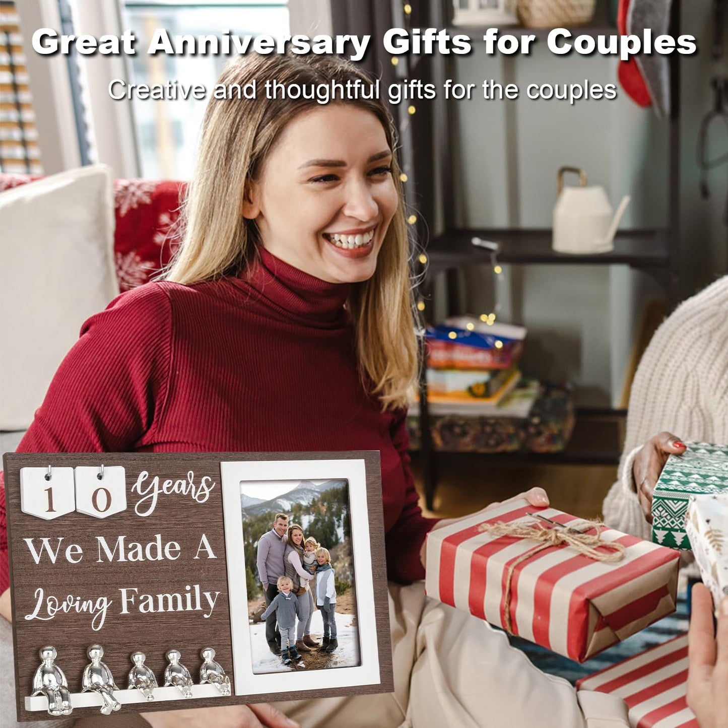 BESZONE Anniversary Idea for Wife Gifts, 10th Year Wedding Anniversaries Tin Gift for Couples Him Her Husband, Aluminum Sculptures Family Tree Picture Frame Keepsake Decor Sculptures DIY Personalized
