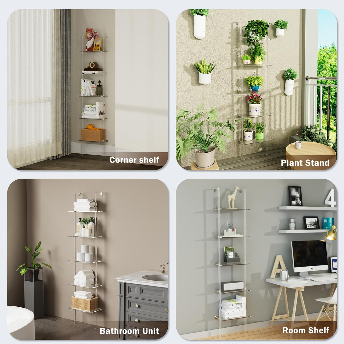 Nynelly 5-Tier Acrylic Ladder Bookshelf, Wall Mounted Narrow Display Shelf for Small Spaces, Clear Organizer Bookcase for Living Room, Bathroom, Office, Multipurpose Open Shelf Unit