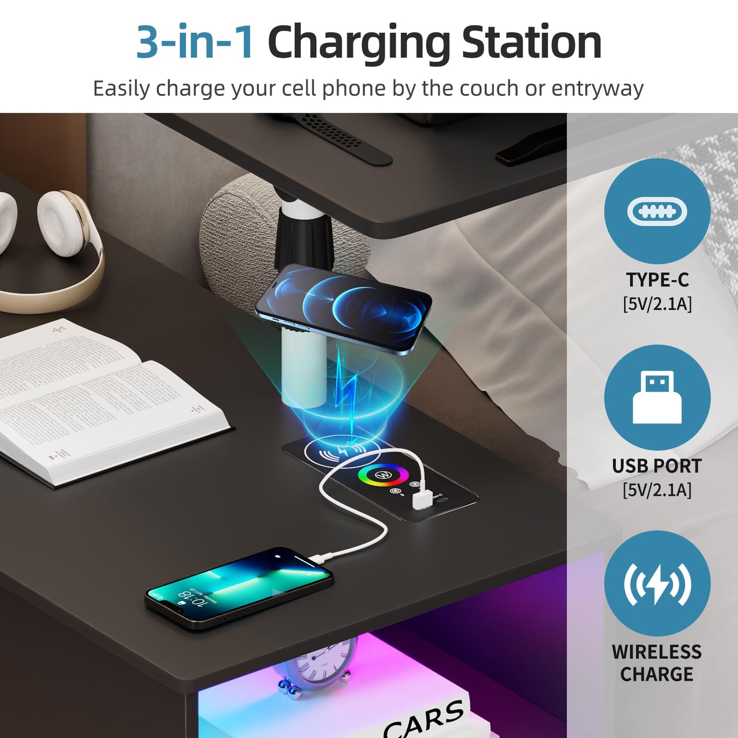 Gurexl 360° LED Nightstand with Wireless Charging Station, Movable Adjustable Bedside Table with Laptop Tray, Auto Sensor Night Stand for Bedroom (Black)