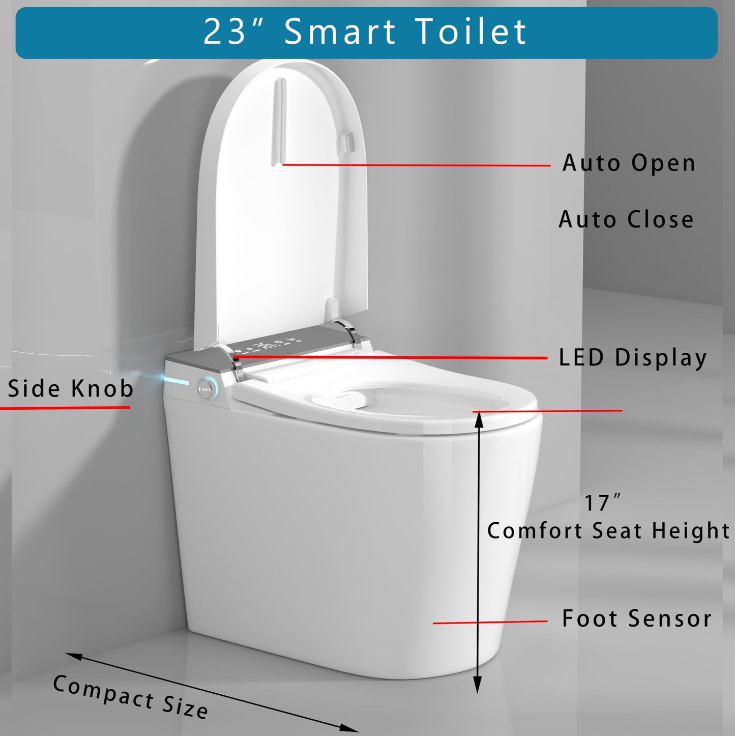 WinZo 23" Compact Smart Toilet with Bidet Seat Built-in For Small Bathroom, Auto Flush, LED Night Light,Heated Bidet with Warm Air Drying (White with Grey Panel)