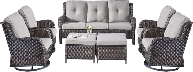 Rilyson Wicker Patio Furniture Set - 7 Piece Rattan Outdoor Sectional Conversation Sets with 4 Swivel Rocking Chairs,2 Ottomans and 1 Sofa for Porch Deck Garden(Brown/Grey)