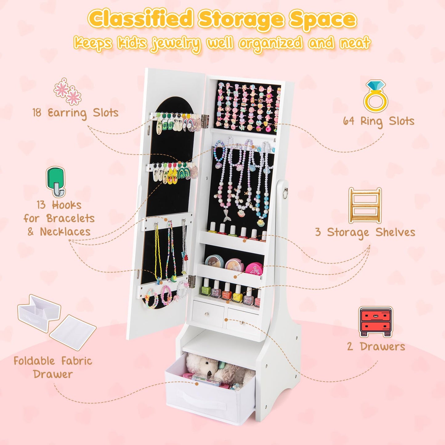 CHEFJOY Kids Jewelry Armoire Cabinet, Children Dressing Organizer with Mirror Full-Length & 3 Storage Drawers, Free Standing Princess Make Up Vanity for Girls Room, Bedroom (White)