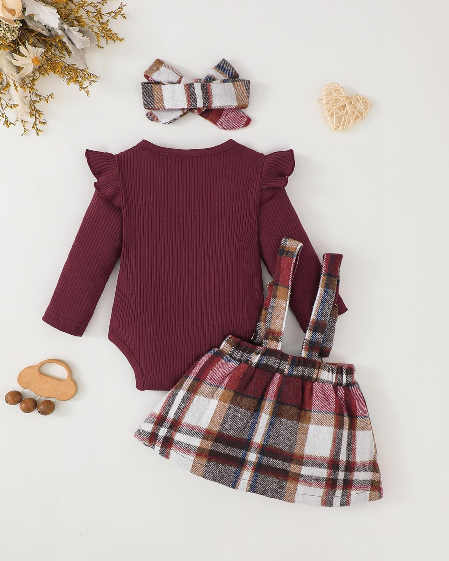 Baby Girl Clothes 3-6 Months Infant Baby Girl Dresses Winter Fall Wine Plaid Overalls Skirt Sets Ribbed Romper Gift Stuff Birthday Outfit for Girls
