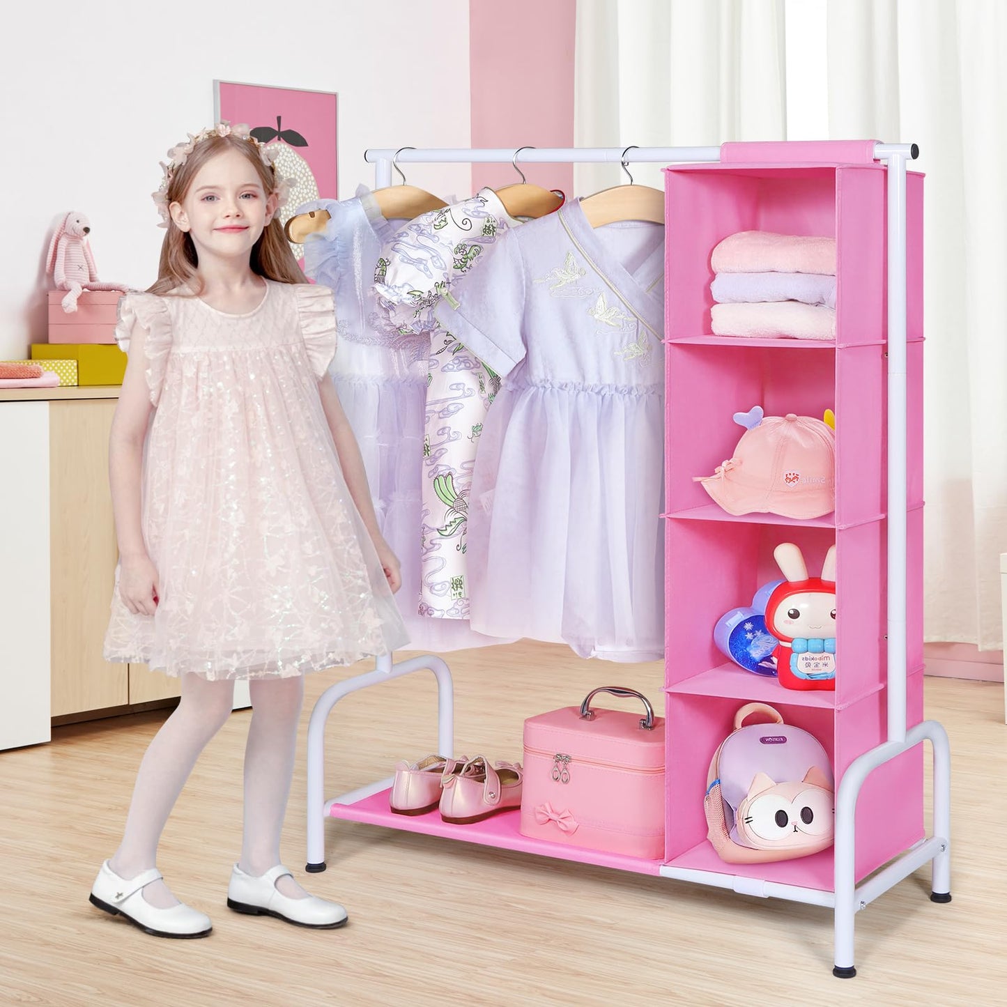 Univivi Kids Clothing Rack with Hanging Organizer, Short Toddler Dress Up Storage Rack for Hanging Clothes, Kids Wardrobe Closet for Baby Clothes, Dance Costumes, Pink/White