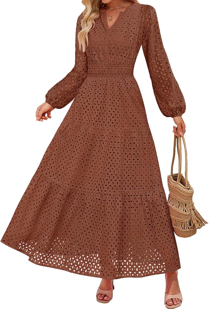ZESICA Women's 2026 Spring Long Sleeve Maxi Dress V Neck Hollow Out Eyelet A Line Long Flowy Casual Party Dresses