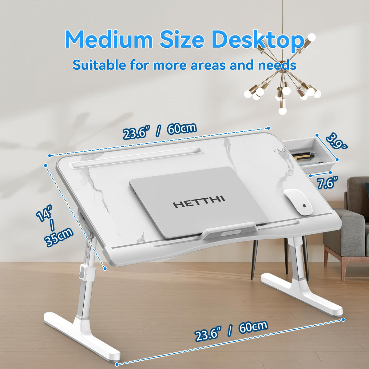 HETTHI Laptop Bed Tray Table, Adjustable Sturdy Laptop Stand for Bed with Premium Materials, Folding Portable Lap Desk with Drawer for Writing Working Reading Eating Couch Floor (Marble, 23.6"×14")