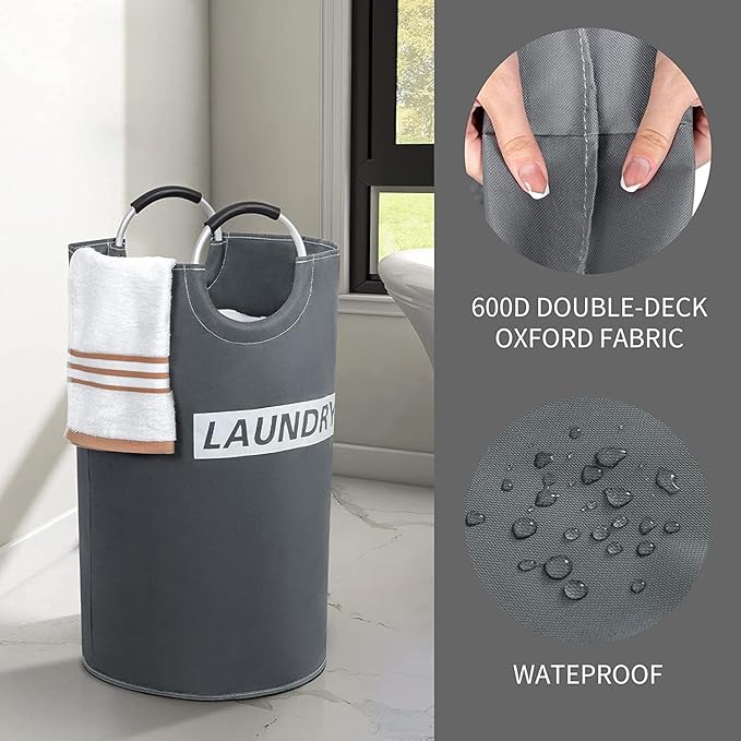 ZEROJETLAG 82L Large Laundry Basket Collapsible Hamper with Handles, Waterproof Fabric Dirty Clothes Basket, Foldable Freestanding Bin Laundry Hamper for Dorm, Bathroom & Bedroom (Gray & Silver)