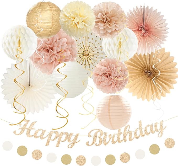 Champagne-Gold Beige Fall Boho Birthday Party-Decorations - 21pcs Autumn Neutral Retro Happy Banner,Girl One Sweet Peach P...