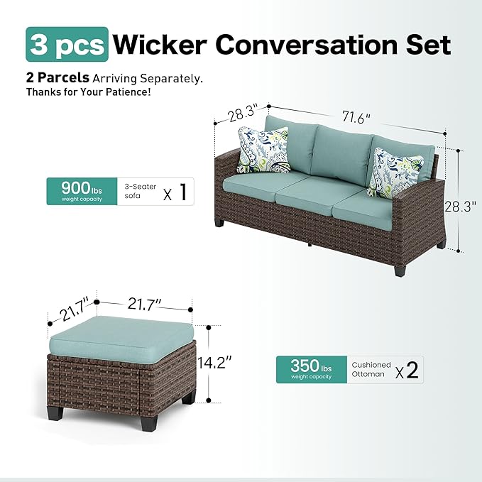 SUNSHINE VALLEY L-Shaped Outdoor Furniture Set, 5-Seat Couch With 2 Ottomans, Durable Rattan Sofa for Small Patios, Modular All-Weather Use, Blue