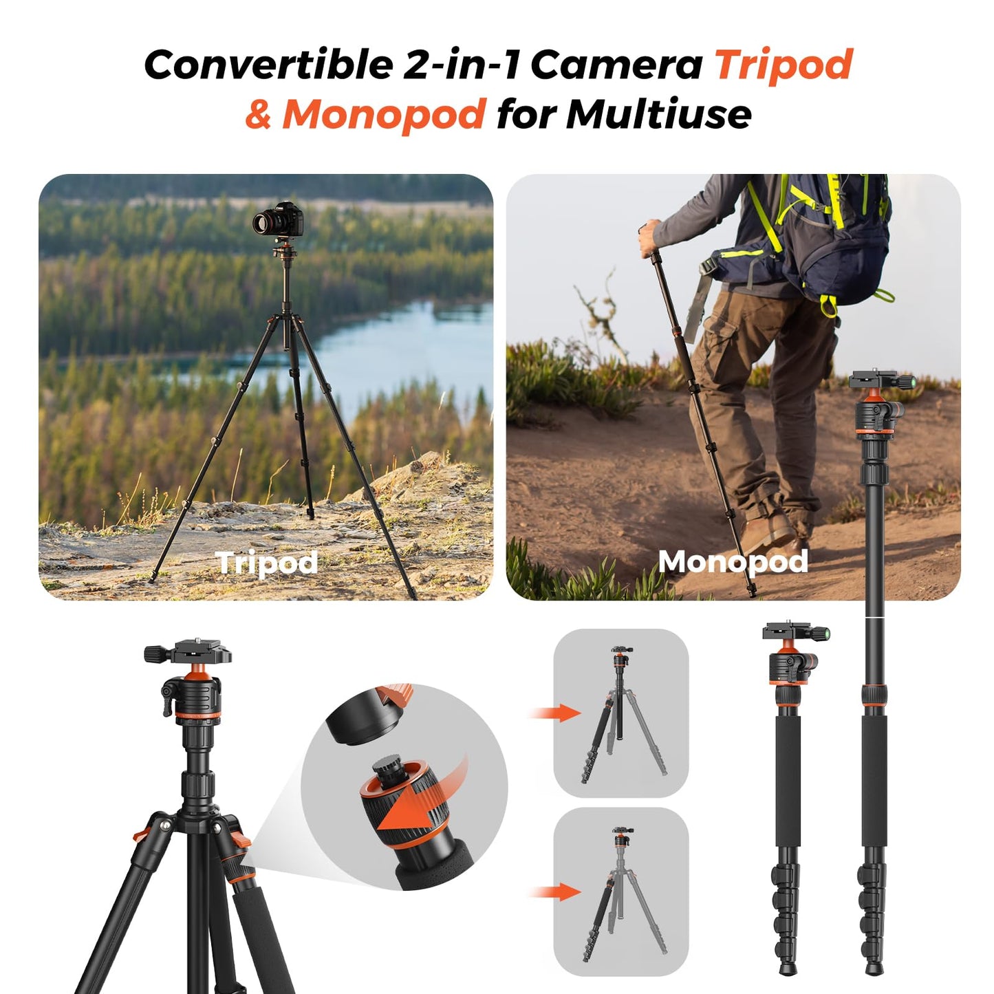 NearStream 72" Camera Tripod with 360° Ball Head, Heavy Duty Aluminum Adjustable 21–72 Inch Tripod/Monopod, 9 lb Load Professional Tripod for DSLR, Camera, Photography, Video Recording& Live Streaming