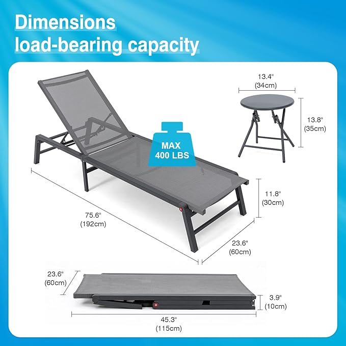 FHVIT Aluminum Chaise Lounge Chair Outdoor, Foldable Patio Lounge Chair 2 Sets with Table Assemble-Free, Pool Lounge Chairs with 5 Adjustable Backrest, Outdoor Lounge Chairs for Outside Poolside Grey