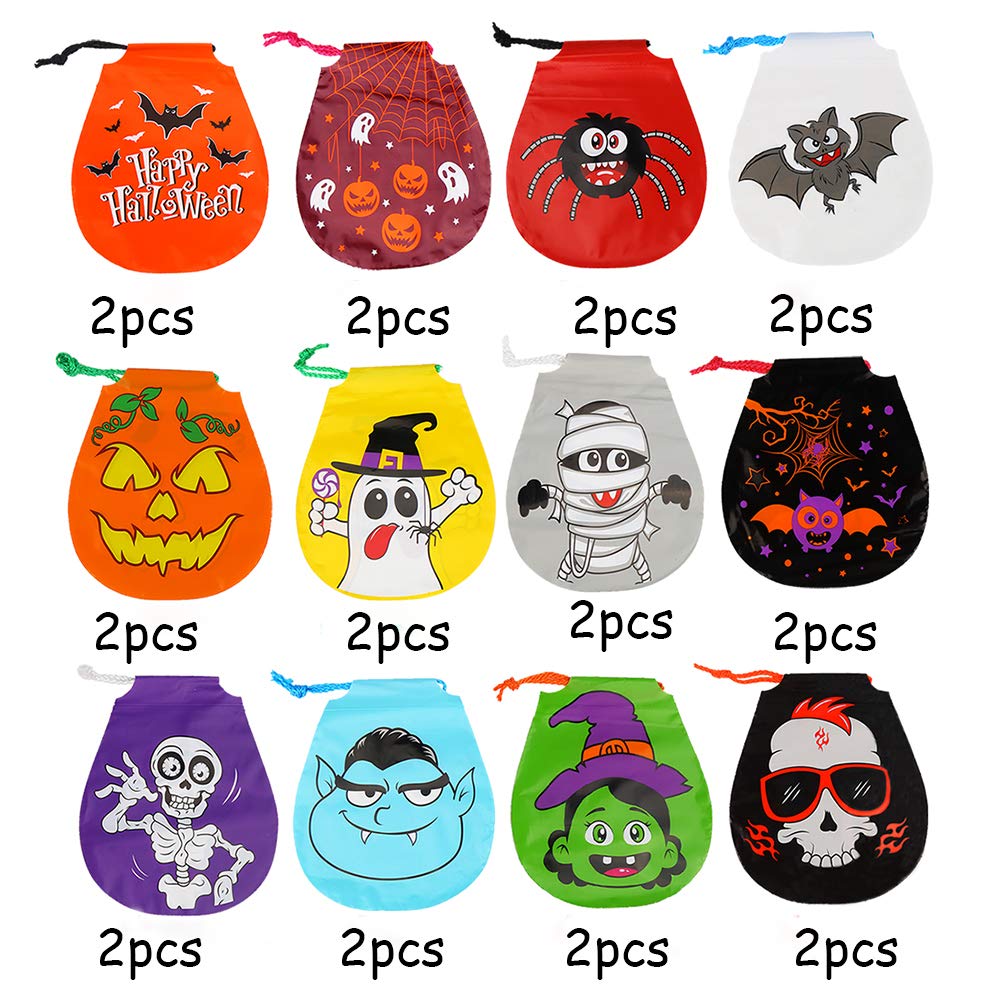 CCINEE 24pcs Drawstring Goody Bags - 12 Styles Halloween Treats Bags for Kids' Trick or Treat Party Favor Supplies