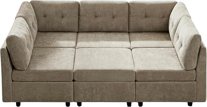 VANOMi 5 Seater Modular Sectional Sofa, Convertible Modular Cloud Sofa Bed with Ottoman, Comfy Chenille Sofas & Couches for Living Room, Apartment, Office, Beige, Sofa Bed