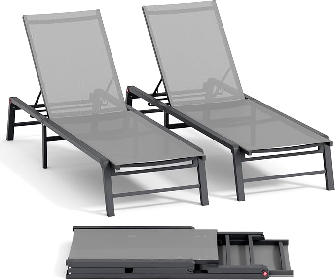 FHVIT Aluminum Chaise Lounge Chair Outdoor, Foldable Patio Lounge Chair 2 Sets Assemble-Free, Pool Lounge Chairs with 5 Adjustable Backrest, Outdoor Lounge Chairs for Outside Poolside Beach Lawn Grey