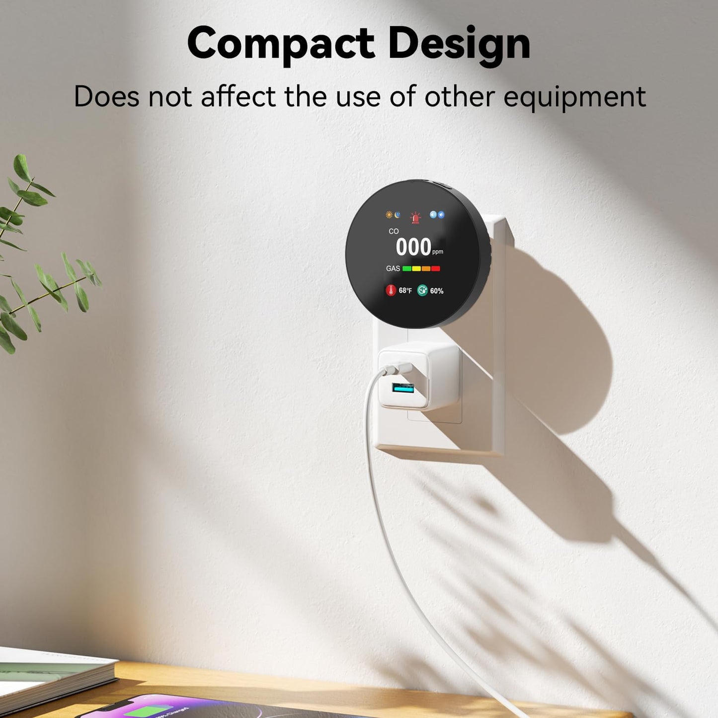 4-in-1 Carbon Monoxide & Gas Detector Plug in, Combination Natural Gas Leak & Carbon Monoxide Alarm, Dual Sensor CO & Gas Detector with Temperature & Humidity, 3 Packs