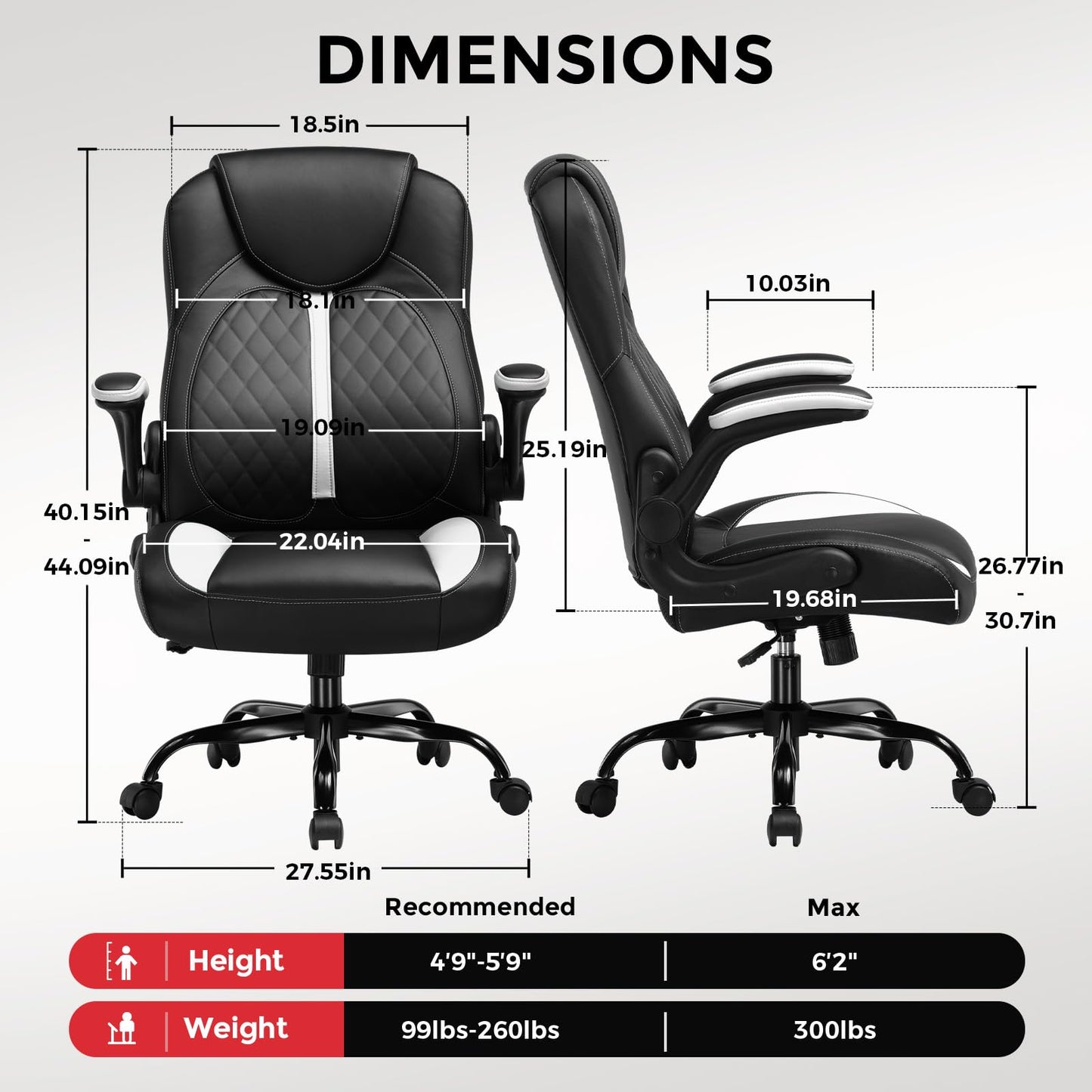 GTPLAYER Office Computer Gaming Chair Ergonomic Desk Chair for Adults with Lumbar Support Flip-Up Arms Adjustable Height Swivel Wheels PU Leather Executive Design for Short People Use, White