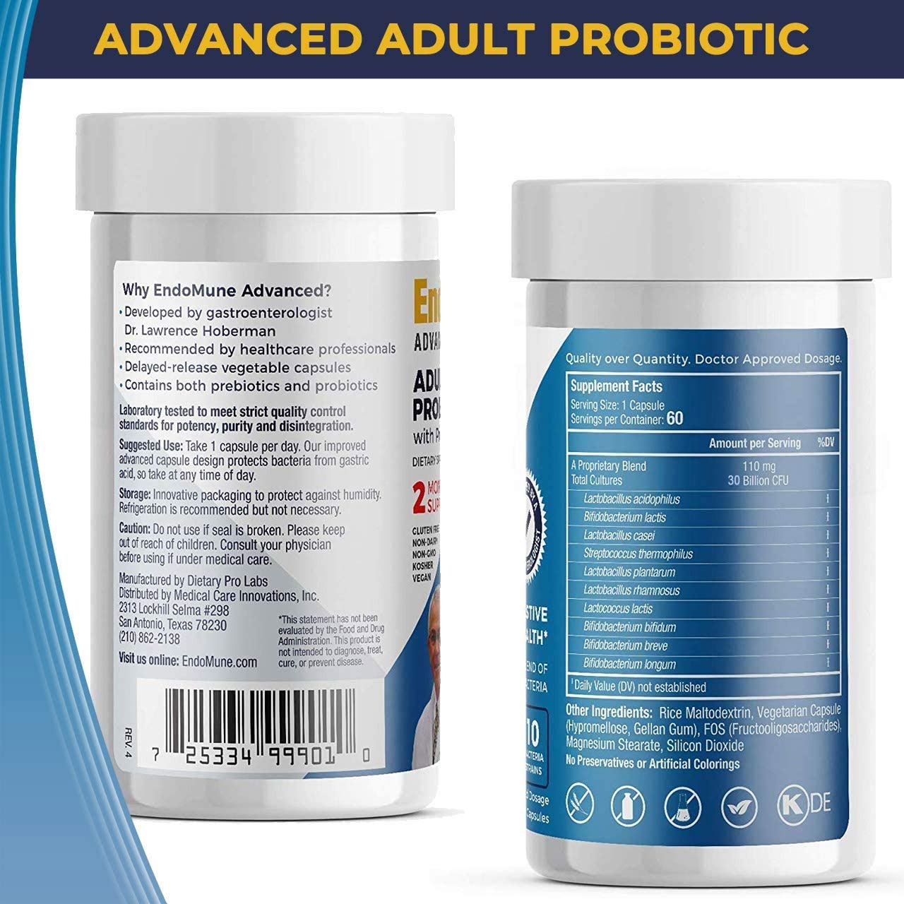 Endomune Advanced Adult Multi-Strain Probiotic Supplement with Prebiotic - 10 Strains, 30 Billion CFU - Physician Formulated (60-Count)