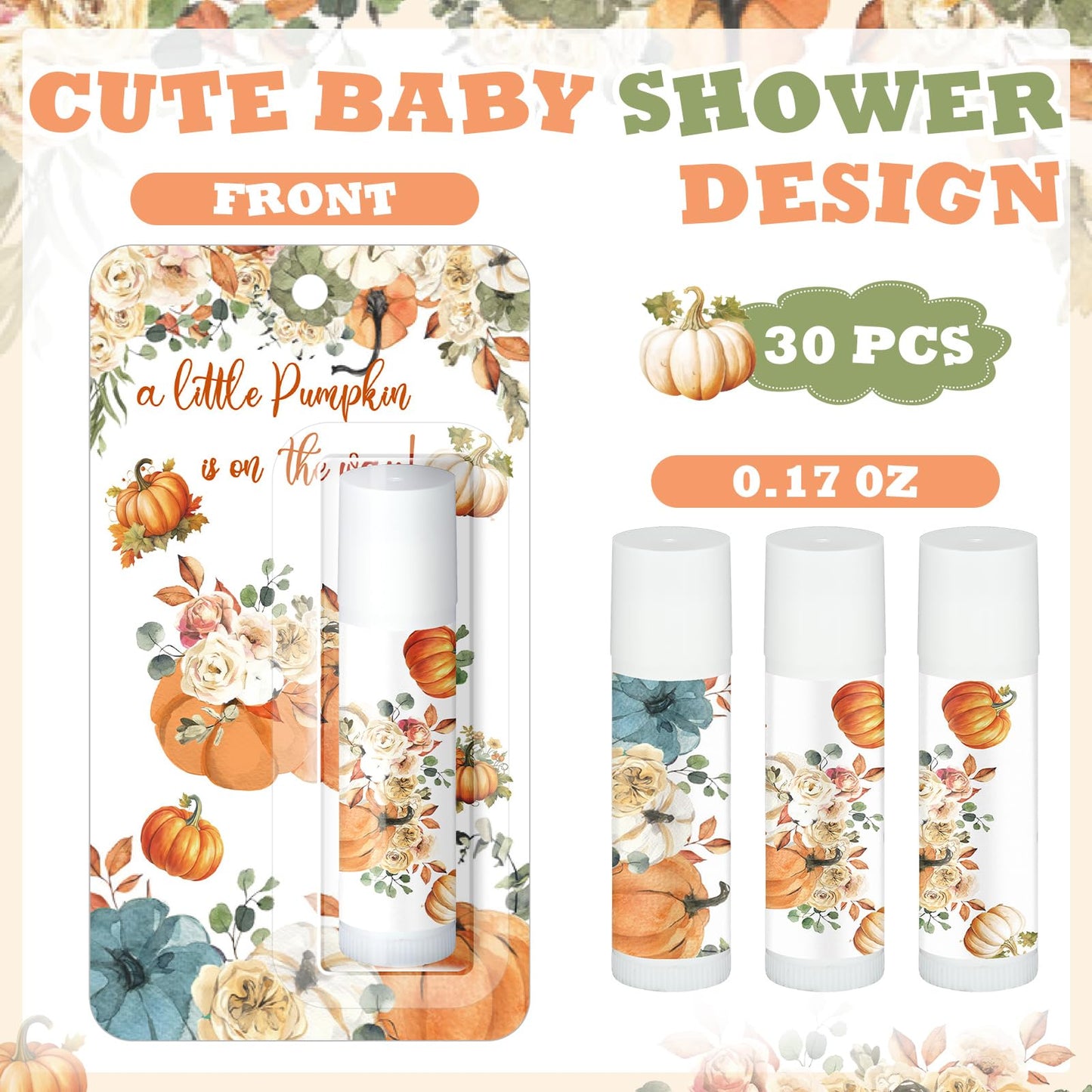 30 Pack Fall Little Pumpkin Baby Shower Games Prizes Gifts Bulk Pumpkin Pie Scented Lip Balms Favors for Boys Girls Gender Revea