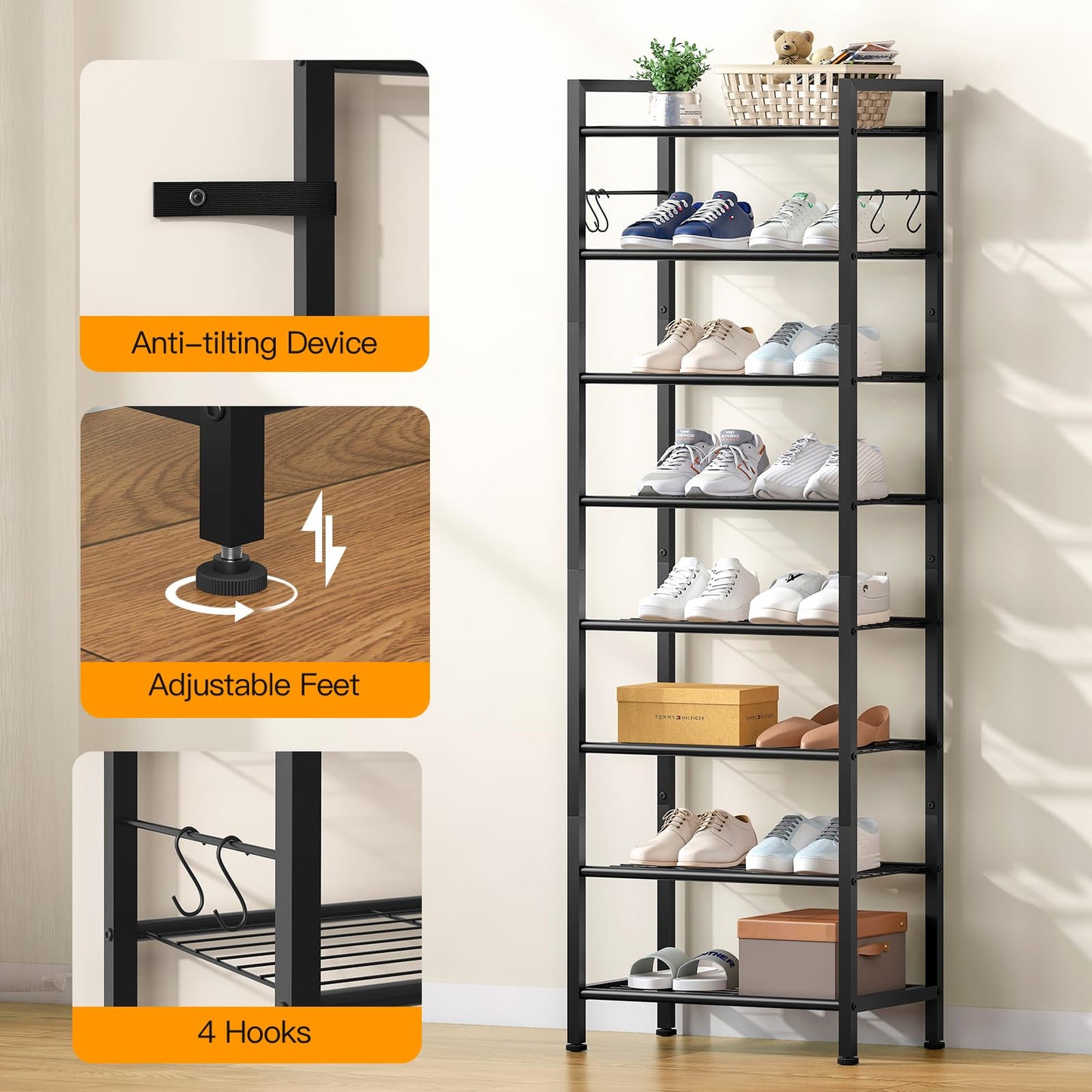 usikey 8 Tiers Narrow Shoe Rack 16-24 Pairs, Sturdy Metal Tall Shoe Rack with 4 Hooks, Slim Shoe Storage Organizer with Metal Shelf, Space Saving Vertical Shoe Shelf for Entryway, Closets, Black