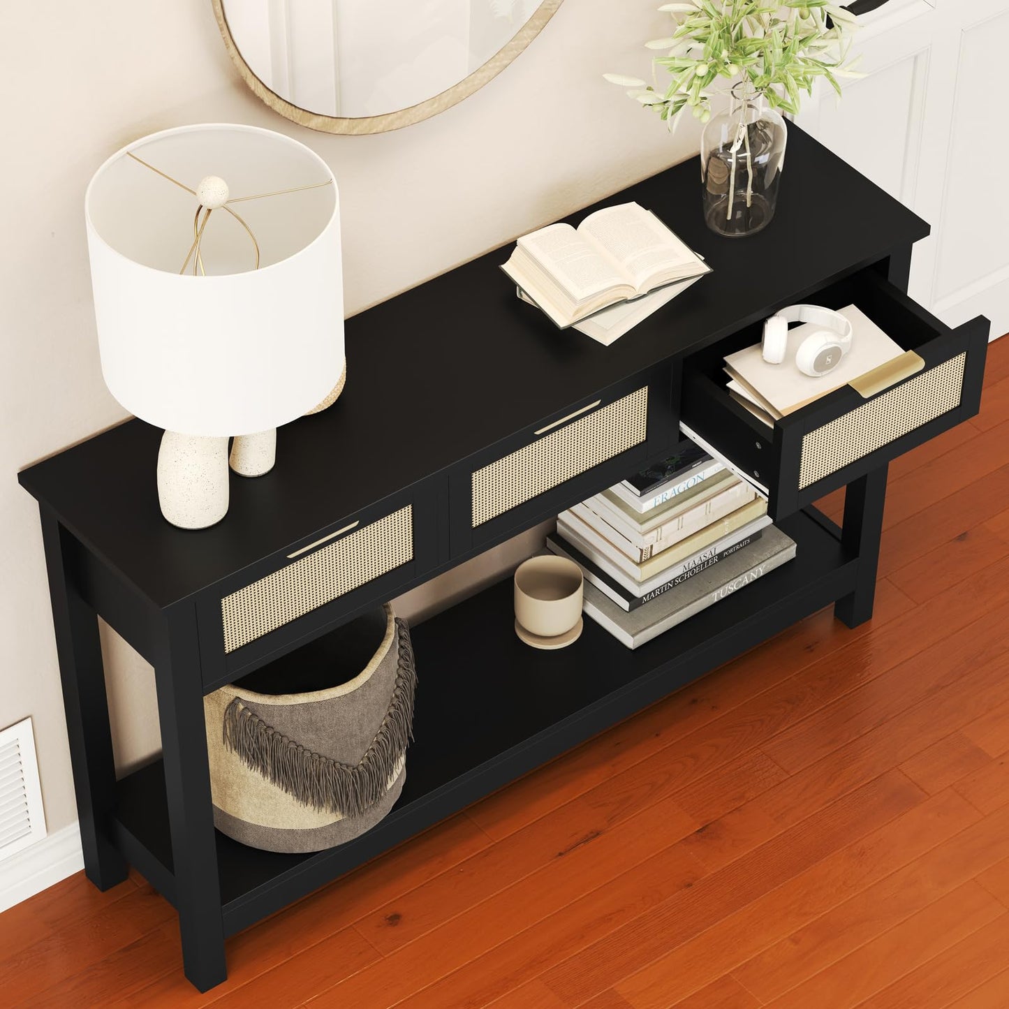 Luoxiao Entryway Console Table with 3 Rattan Drawers - Long Sofa Table Behind Couch Modern Fluted Hallway Living Room Storage Cabinet, Entry Table Open Shelf Foyer Furniture, Anti-Tip, Black, 47 Inch