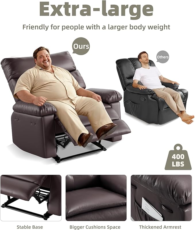 GarveeHome Oversized Wide Recliner Chair - Faux PU Leather Large Manual Recliner for Adults, Lazy Chair with 1.5X Sponge Comfort Arm and Back for Living Room, Bedroom