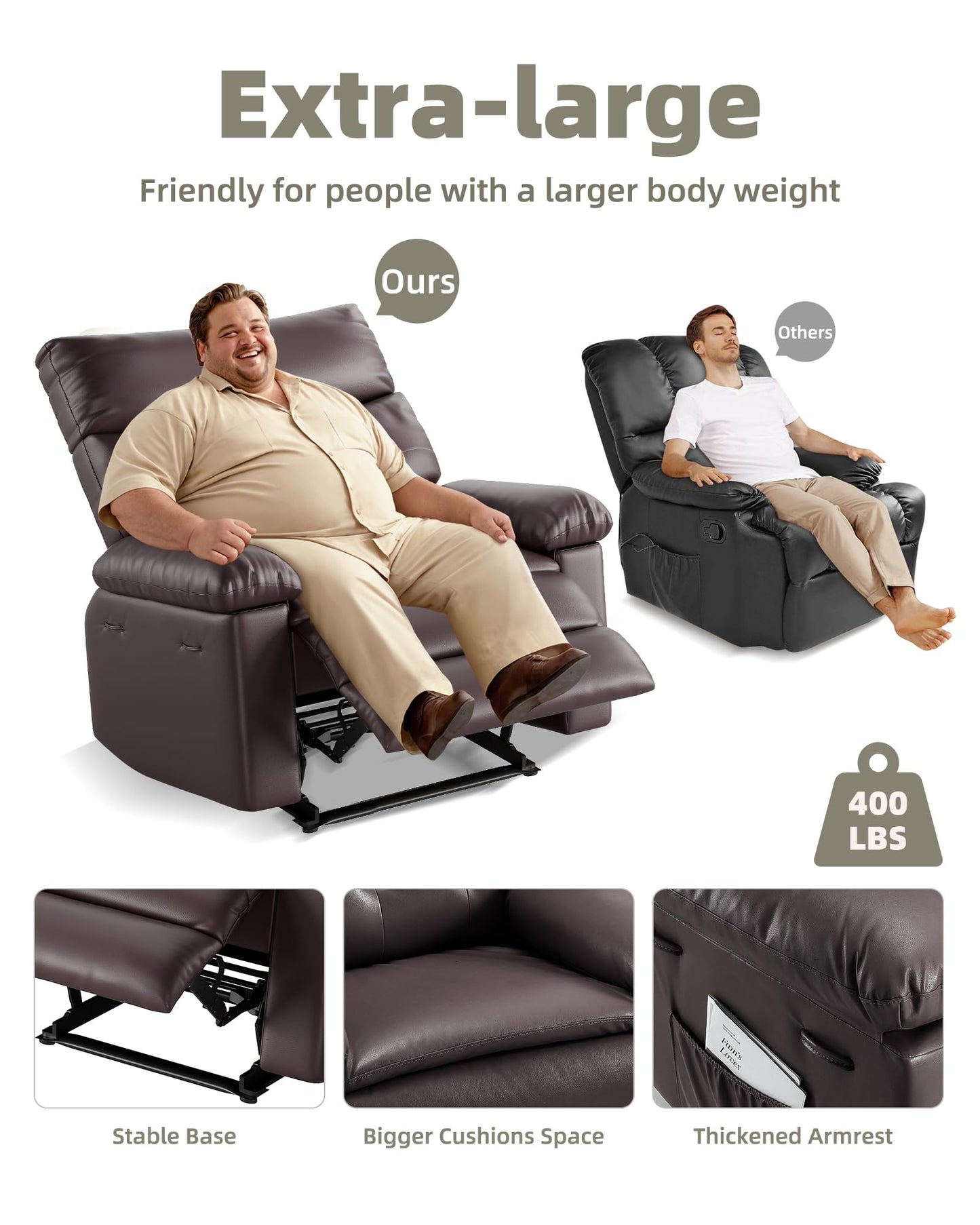 GarveeHome Oversized Recliner Chairs, Classic Manual Leather Recliner, Home Theater Seating with Lumbar & Arms Support for Living Room, Bedroom and Nursery - Brown