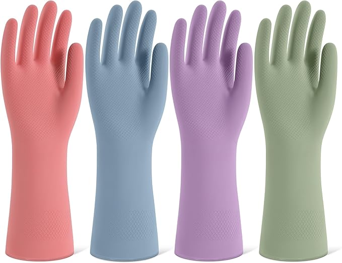 Rubber Cleaning Gloves for Dishwashing, 4 Pairs Reusable Kitchen Gloves for Washing Dishes and Household Cleaning, Colorfu...