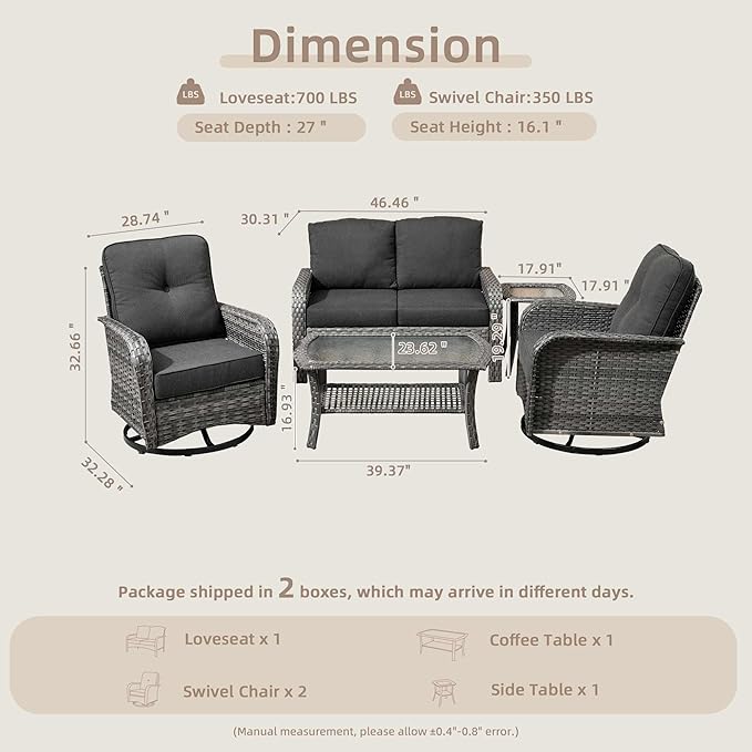 CAODOC 5 Pieces Patio Furniture Set,Outdoor Furniture with Rockers, Rattan Conversation Sets w/Coffee Table, Grey Wicker Black Cushion