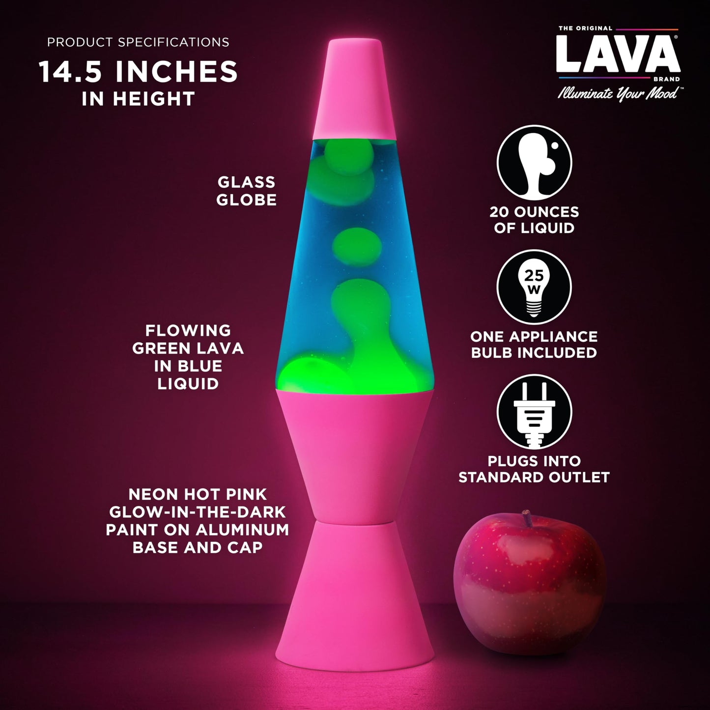 Lava The Original Lamp - 14.5" Neon Pink - Classic Liquid Motion Lamp - Green/Yellow and Blue Liquid - Item #2383 (Amazon Exclusive)