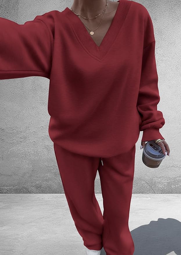 PRETTYGARDEN Casual Winter Two Piece Sets for Women 2026 V Neck Sweatshirt Loose Wide Leg Pants Tracksuit Knit Fall Outfits