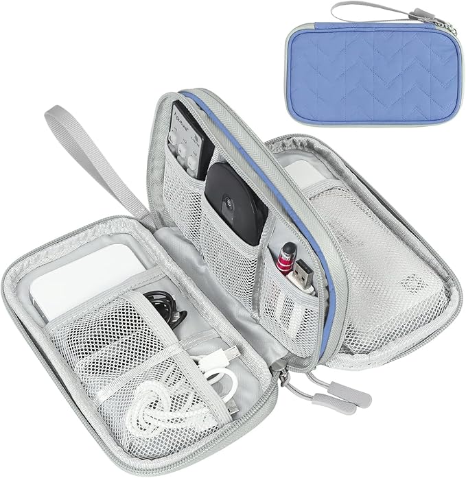 FYY Electronic Organizer, Travel Cable Organizer Bag Pouch Electronic Accessories Carry Case Portable Waterproof Double Layers All-in-One Storage Bag for Cable, Cord, Charger, Phone, Blue Pattern