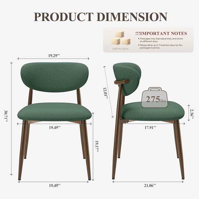 MALOL Dining Chairs Set of 6, Upholstered Dining Room Chairs with Metal Legs and Anti Slip Pads, Curved Back Kitchen Chair for Home and Restaurant Use, Green