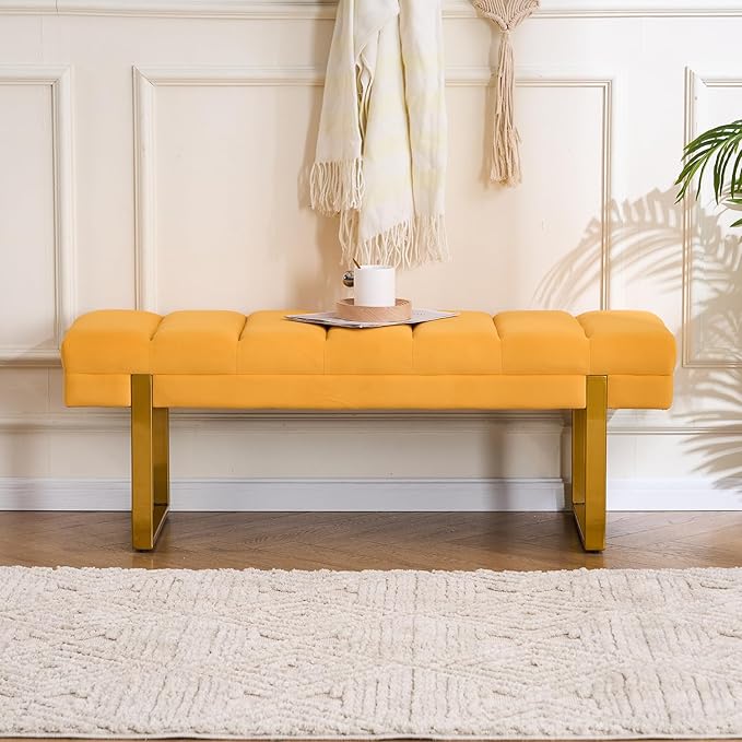 AIITTCC Velvet Ottoman Bedroom Bench, 46.5" Tufted Padded End of Bed Bench with Gold Legs, Upholstered Shoe Bench for Living Room Entryway Window (Mustard Yellow, 46" Wide)
