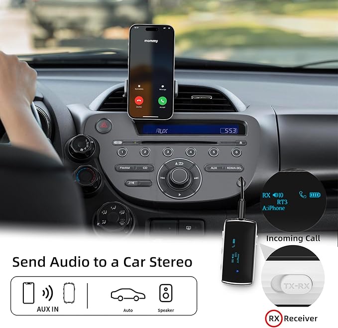 Bluetooth Transmitter Receiver for 2 AirPods/Headphones, Flight Bluetooth 5.2 Adapter for Airplane, TV, and Gym with a 3.5mm Audio Jack, Wireless BT Receiver with Mic for Car/Home Stereo