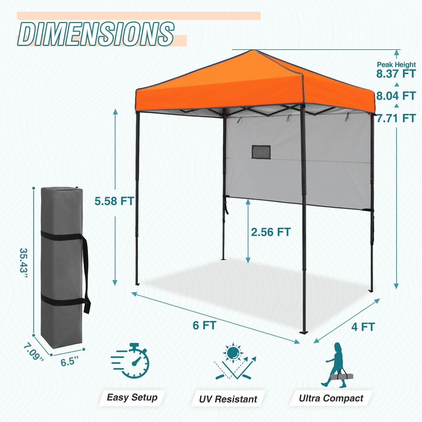 EAGLE PEAK Instant Pop Up Canopy with Adjustable Sun Wall 6x4, Straight Lightweight Compact Portable Tent with Carry Bag, Orange