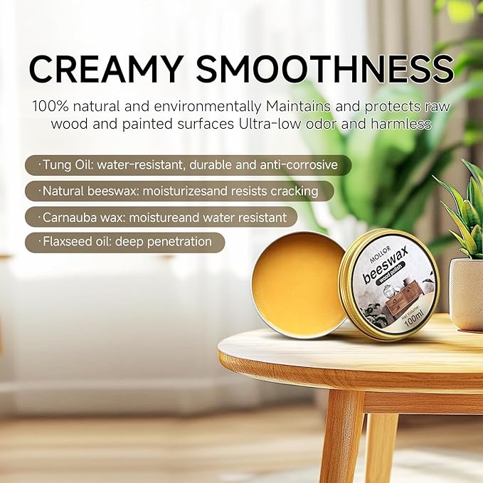 Beeswax Furniture Polish, Natural Wood Conditioner, Cabinet and Table Restorer, Multipurpose Beeswax for Wooden Tools, Protects for a Perfect Finish Bees Wax Polish(100g with Sponge)