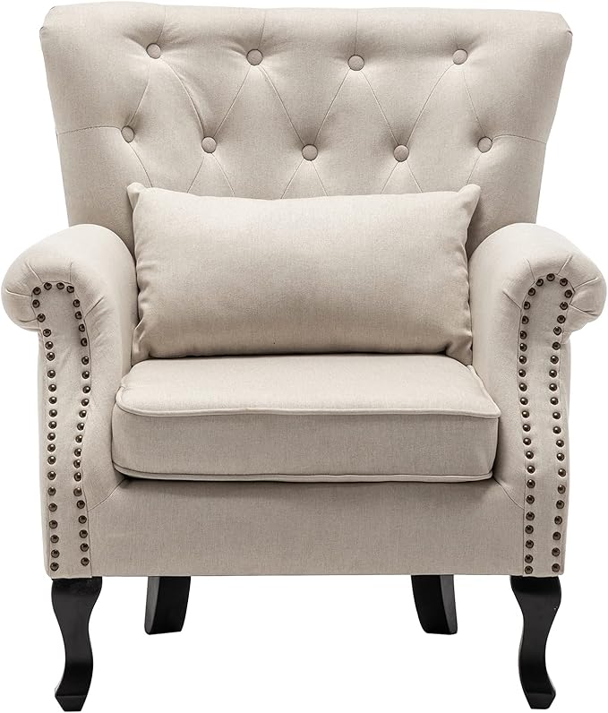DM Furniture Mid Century Accent Chair for Living Room, Linen Fabric Button Tufted Armchair Wingback Club Chair, Modern Single Sofa Lounge Chair with Pillow for Reception/Bedroom, Beige