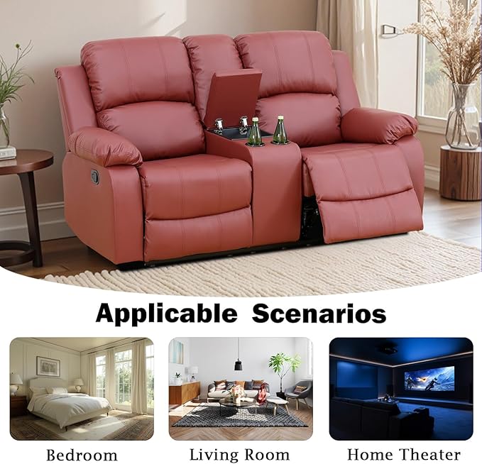 Caberryne Leather Recliner Sofa，Reclining Sofa Set for Living Room Furniture Sets，Red Double Recliner Loveseat for Living Room/Office/Theater Seating/Rv(2 Seater Couch)