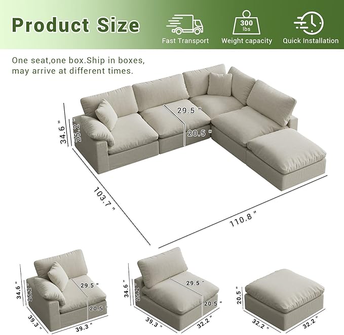 Intuition Decor Cloud Modular Sectional Sofa,143" Down Filled Sofa 4 Seat with Chaise,Minimalist Sofa Cover Washable and Replaceable Couches for Living Room,Sectional Sofa Deep Seat
