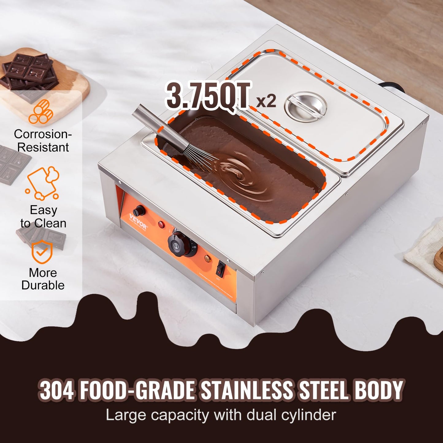 VEVOR Chocolate Tempering Machine, 17.6 Lbs 2 Tanks Chocolate Melting Pot Temp Control 86~185℉, 1500W Stainless Steel Electric Commercial Food Warmer for Chocolate/Milk/Cream Melting and Heating