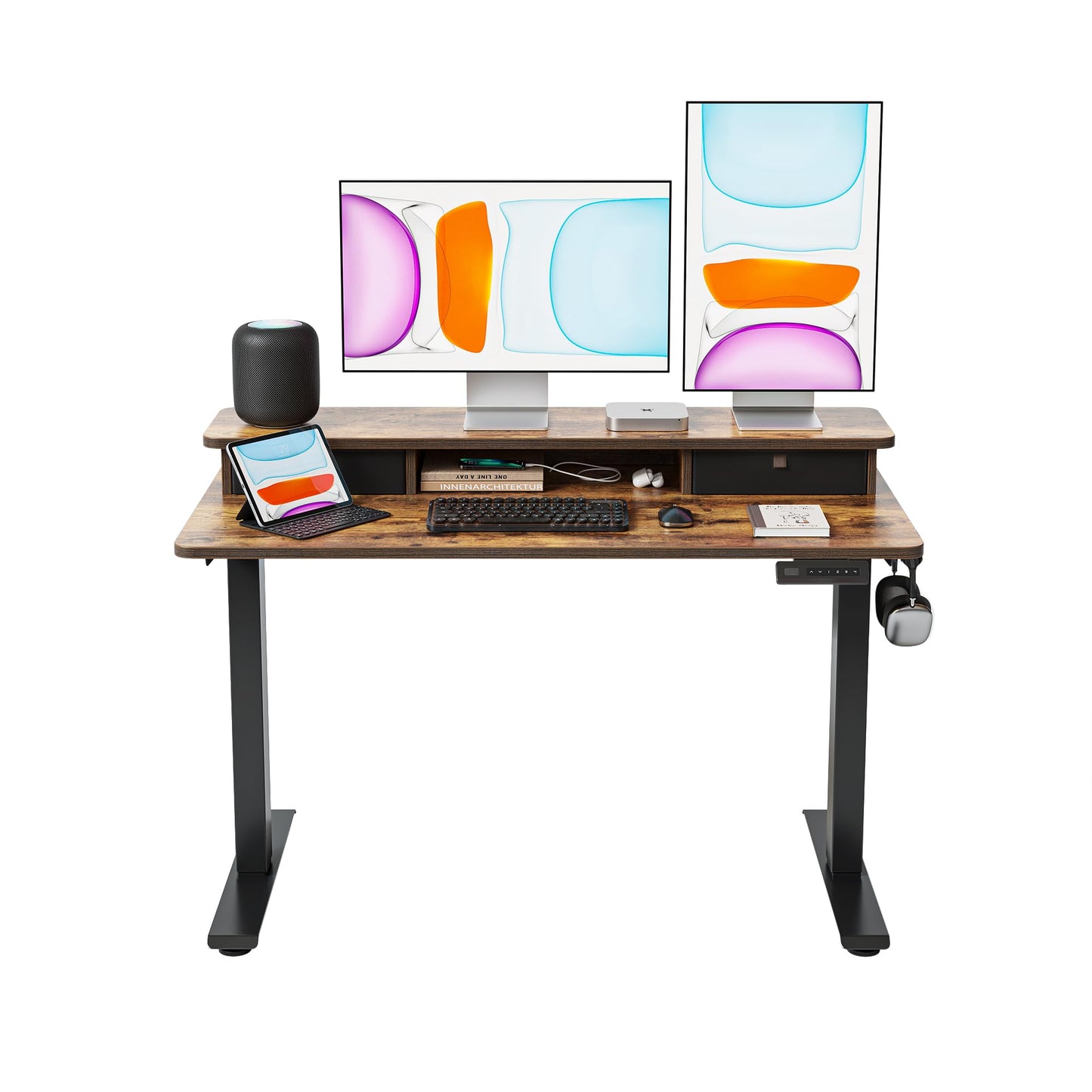 BANTI 48x24 Inch Electric Standing Desk with Dual Drawers, Height Adjustable Stand Up Table, Sit Stand Home Office Desk with Storage Shelf, Black Frame/Rustic Brown Top
