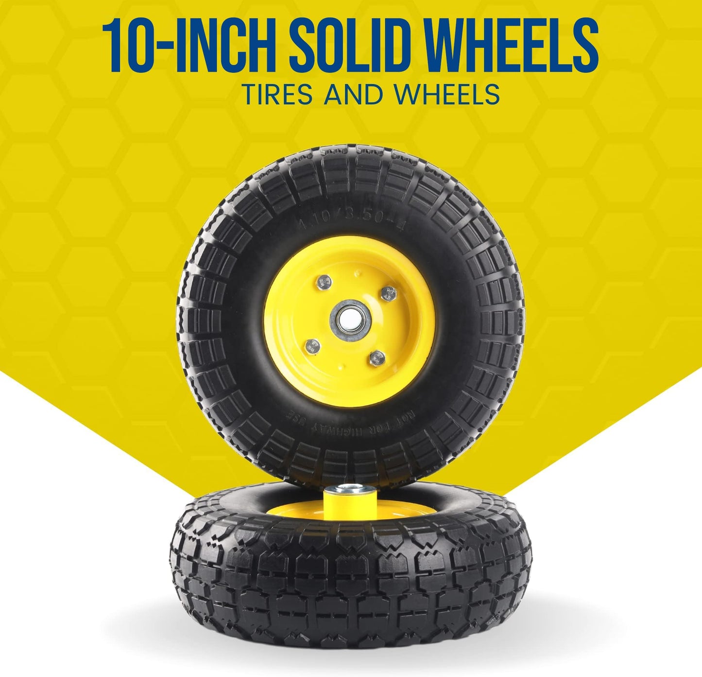 (2-Pack) 10-Inch Solid Tire Wheels - Replacement 4.10/3.50-4" Flat Free Tires and Wheels with 5/8" Axle Bore Hole Bearings, 2.17" Offset Hub -Perfect for Hand Truck, Wheelbarrow, Gorilla Carts