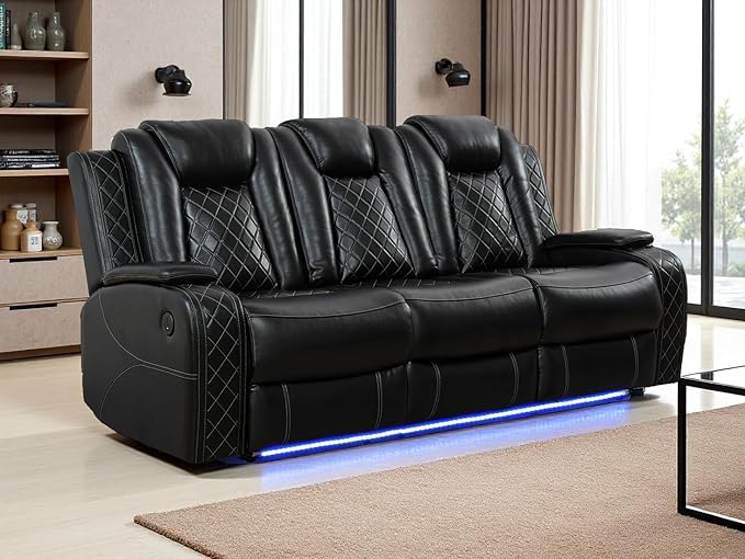 Dekmxas Power Leather Recliner Sofa Set with LED Light, Living Room Furniture Sets, Black Breathing Leather Power Reclining Sofa Couch with 2 Recliner Seats/Storage Console/USB Port for Living Room