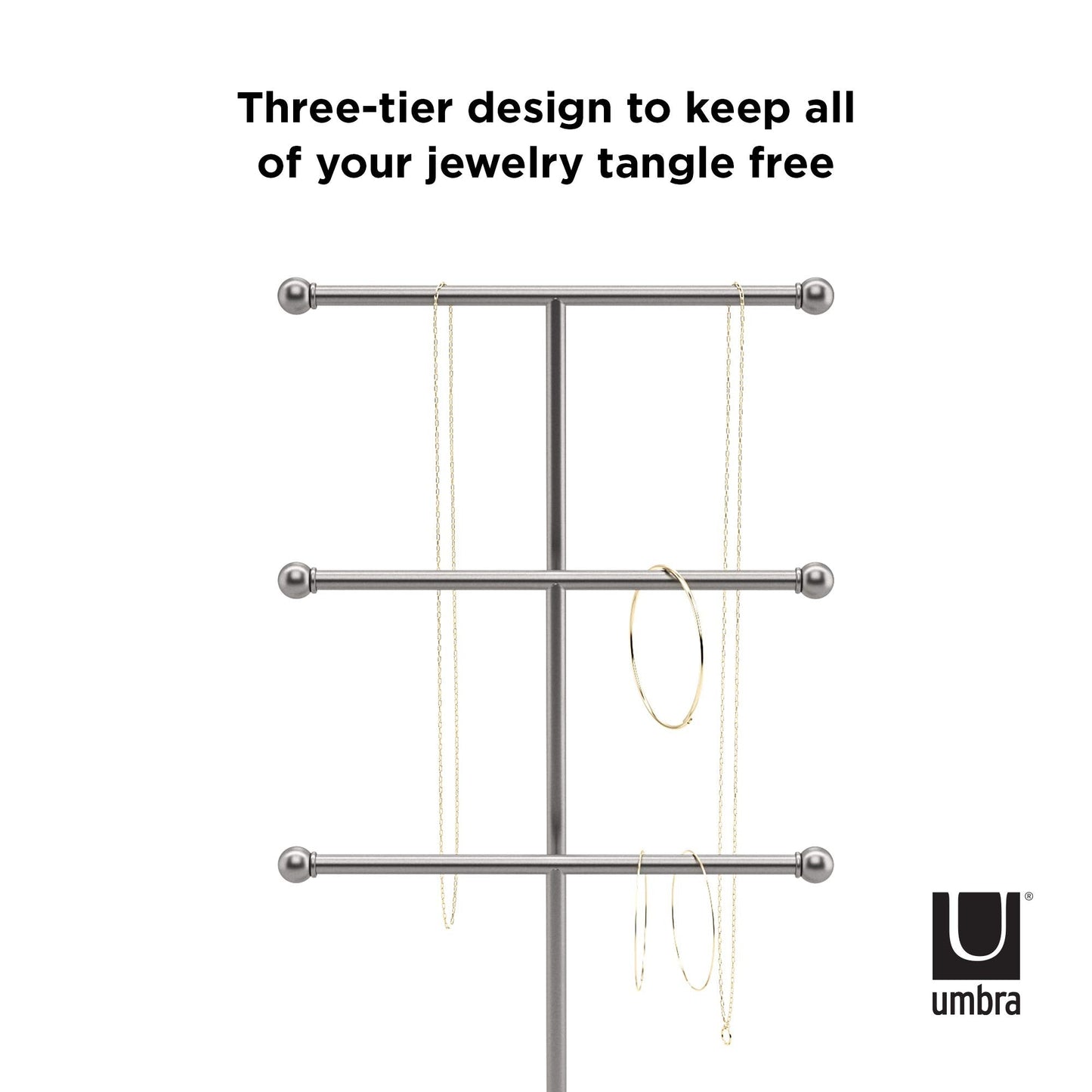 Umbra Trigem Jewelry Organizer - 3 Tier Steel Necklace Holder, Free Standing, White/Nickel, Model 299330-491-REM