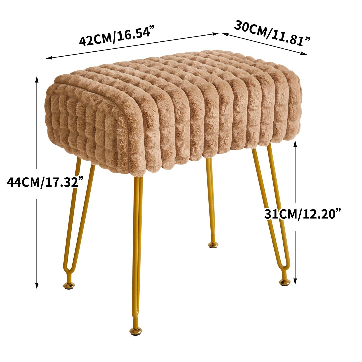 IBUYKE Rectangular Footrest Stool Ottoman, Makeup Vanity Stool Side Table, Velvet Dressing Table Seat, Footstool Chair, Golden Steel Legs, for Makeup Room, Bedroom, Square Grid Pattern, Khaki WBD003K