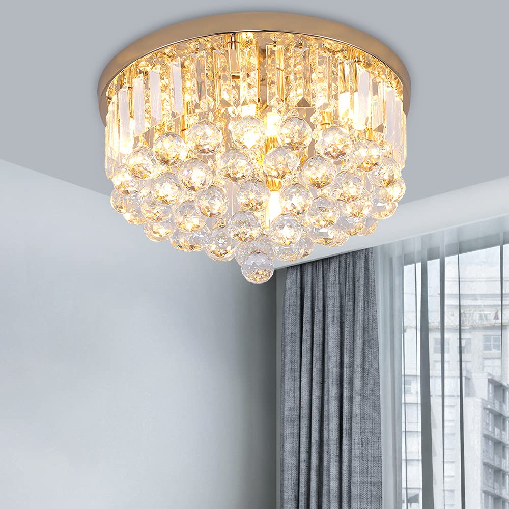 Gopmmy Mini Crystal Chandelier Ceiling Light,Flush Mount Modern Round K9 Crystal Raindrop Ceiling Lighting Fixture for Dining Room Bedroom Hallway Height 11''x Width 16''(French Gold)